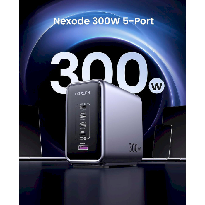 Зарядное устройство UGREEN CD333 Nexode 300W 1xUSB-A, 4xUSB-C, PD3.1, QC4.0 GaN Wall Charger Gray (90903B)