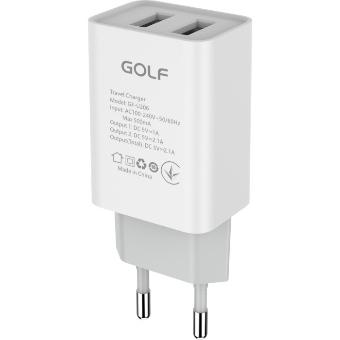 Зарядное устройство GOLF GF-U206 2xUSB-A, 10W, 2.1A White