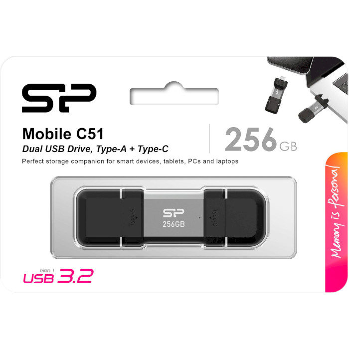 Флэшка SILICON POWER Mobile C51 USB/USB-C3.2 256GB Silver (SP256GBUC3C51V1S)