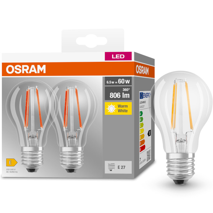 Лампочка LED OSRAM LED Base A60 E27 6.5W 2700K 220V (2 шт. в комплекті) (4099854064098)