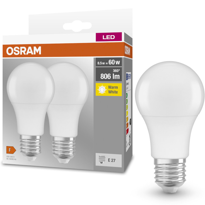 Лампочка LED OSRAM LED Base A60 E27 8.5W 2700K 220V (2 шт. в комплекте) (4058075152656)
