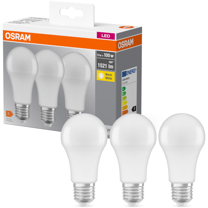 Лампочка LED OSRAM LED Base A100 E27 13W 2700K 220V (3 шт. в комплекте) (4058075819412)