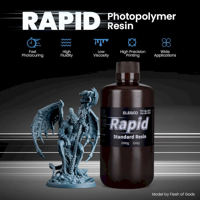 Фотополимерная резина для 3D принтера ELEGOO Rapid Standard Resin, 1кг, Gray (50.103.0129)