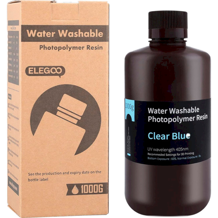 Фотополимерная резина для 3D принтера ELEGOO Water Washable Resin, 1кг, Clear Blue (50.103.0010)