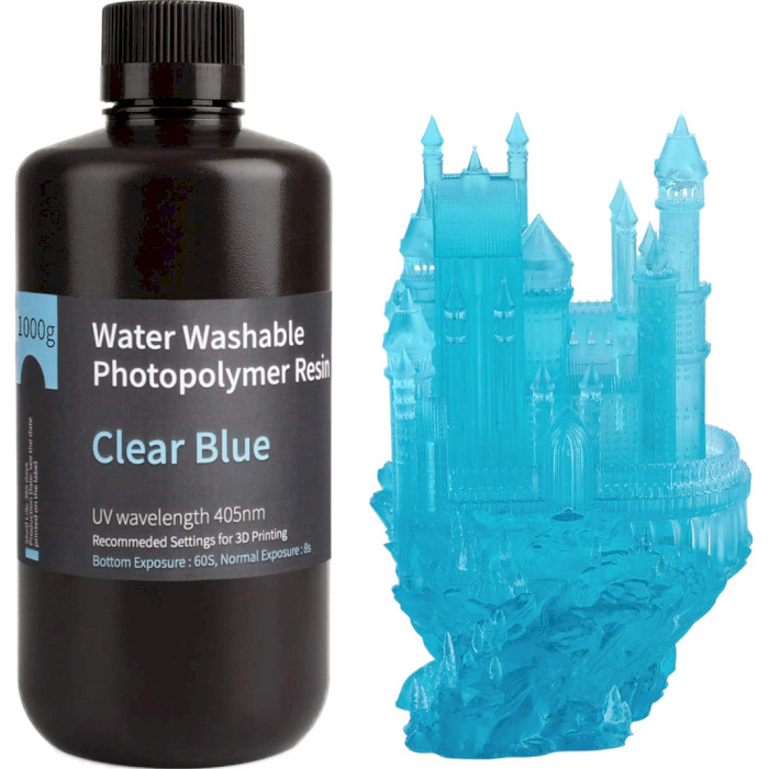 Фотополімерна гума для 3D принтера ELEGOO Water Washable Resin, 1кг, Clear Blue (50.103.0010)