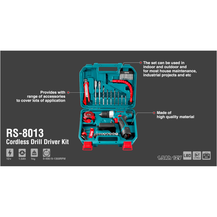 Акумуляторний дриль-шурупокрут RONIX RS-8013 1 x АКБ 1.5Ah, ЗП, кейс + набір інструментів