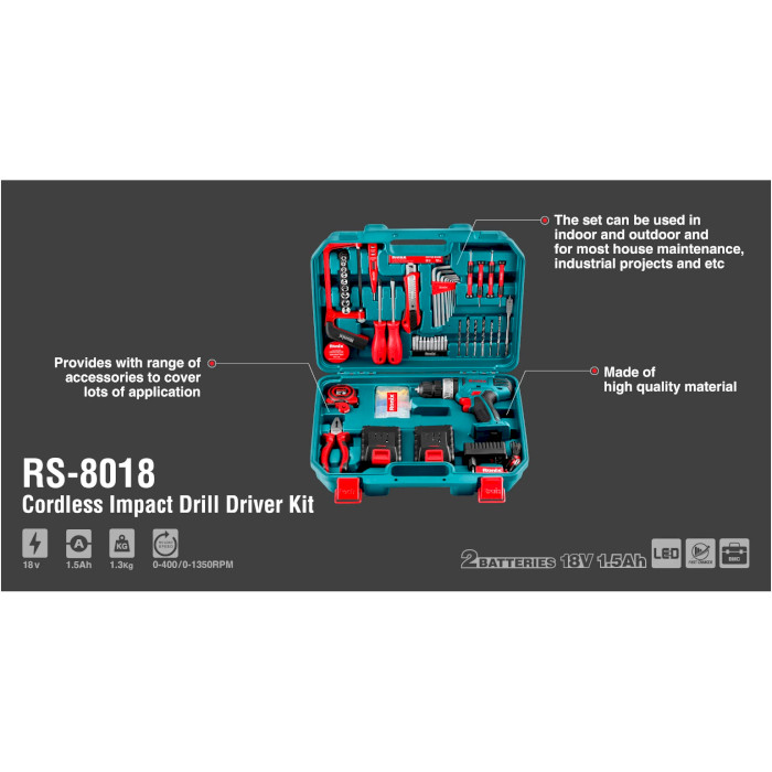 Акумуляторний дриль-шурупокрут RONIX RS-8018 2 x АКБ 1.5Ah, ЗП, кейс + набір інструментів