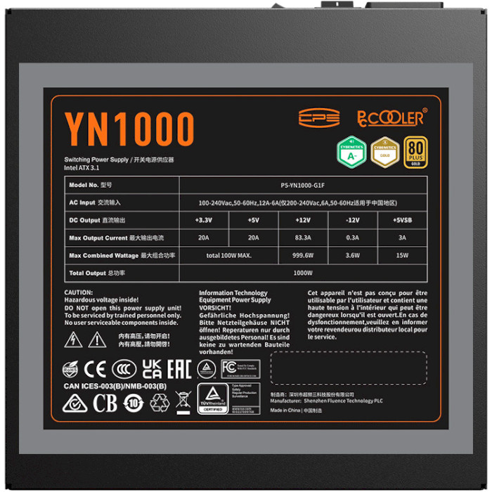 Блок питания 1000W PCCOOLER YN1000