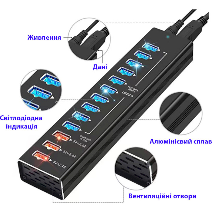 USB-хаб DYNAMODE 13-in-1 USB-C/A to 10xUSB3.0 Data, 3xUSB3.0 2.4A Charging