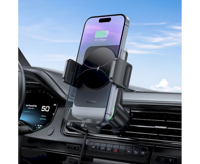 Автотримач для смартфона з бездротовою зарядкою HOCO HW13 Speed Wireless Fast Charging Air Outlet Car Holder Black Metal Gray