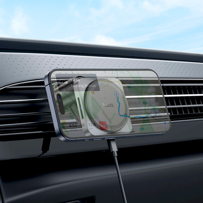 Автотримач з бездротовою зарядкою HOCO HW15 Speed Magnetic Wireless Fast Charging Air Outlet Car Holder Black Metal Gray