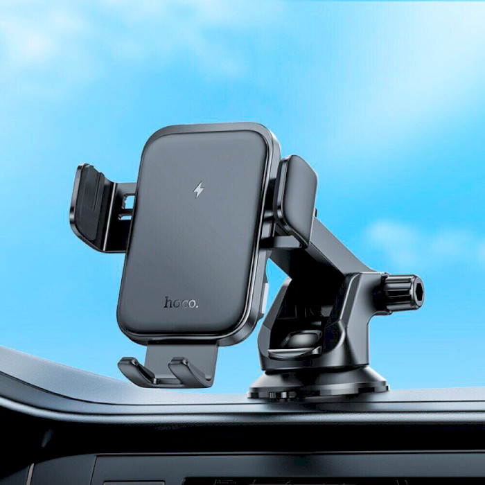 Автотримач з бездротовою зарядкою HOCO HW11 Jenny Three-Axis Linkage Wireless Fast Charging Center Console Car Holder Black