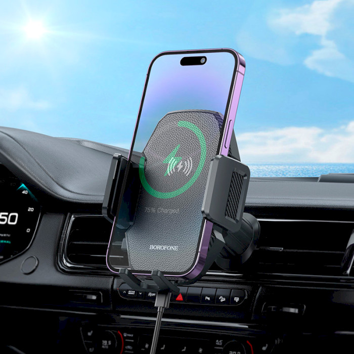 Автодержатель с беспроводной зарядкой BOROFONE BH213 Adelante Wireless Fast Charging Air Outlet Car Holder Black