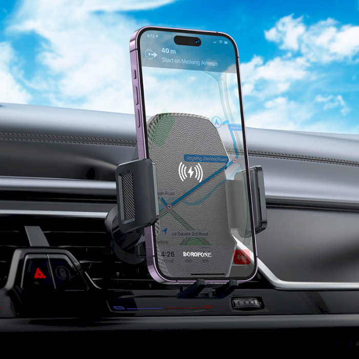 Автотримач для смартфона з бездротовою зарядкою BOROFONE BH213 Adelante Wireless Fast Charging Air Outlet Car Holder Black