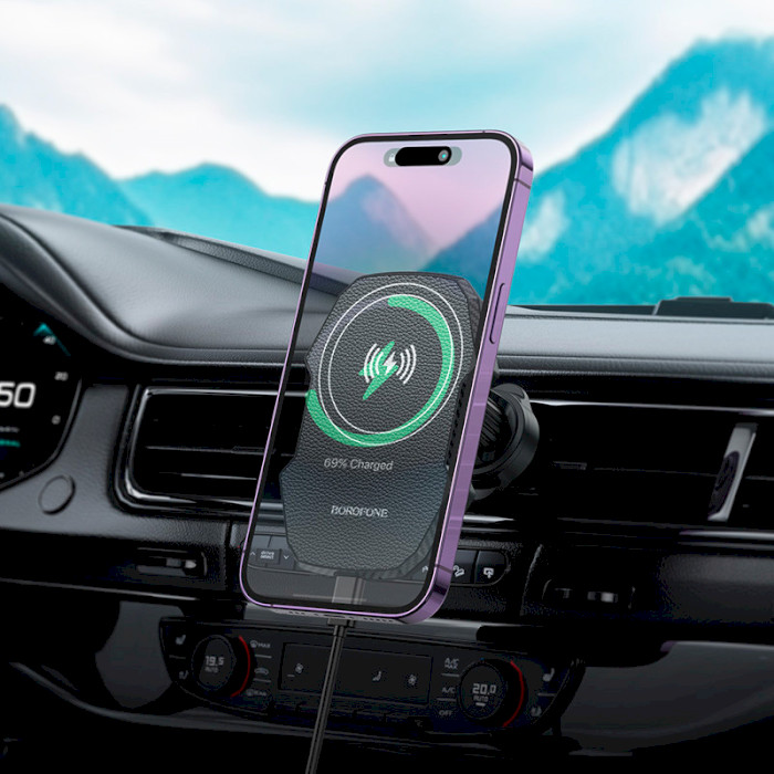 Автотримач для смартфона з бездротовою зарядкою BOROFONE BH215 Adelante Magnetic Wireless Fast Charging Air Outlet Car Holder Black