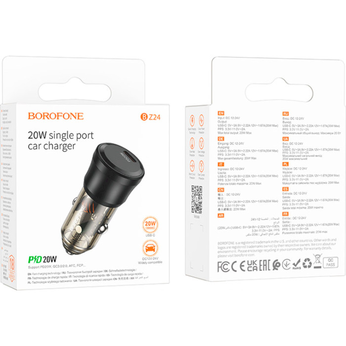 Автомобільний зарядний пристрій BOROFONE BZ24 Clever 1xUSB-C, PD20W Black (6941991106934)