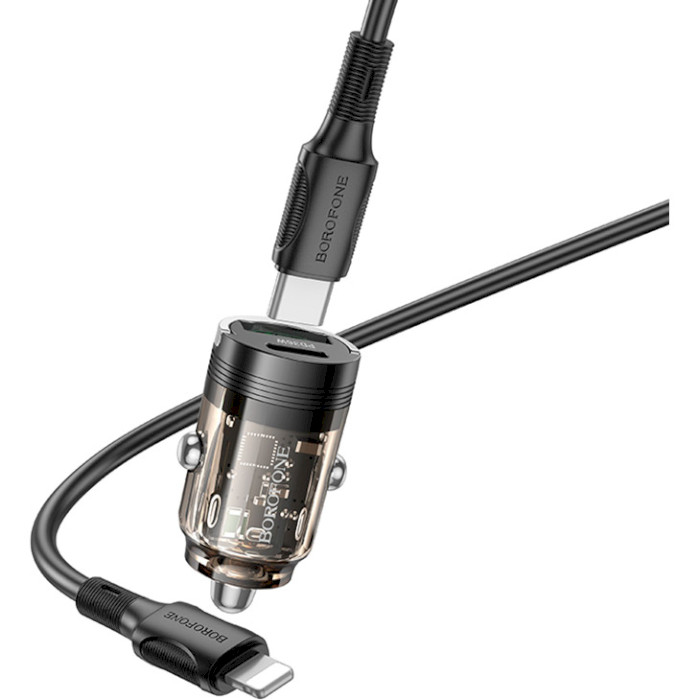 Автомобільний зарядний пристрій BOROFONE BZ29A Talented 1xUSB-A, 1xUSB-C, PD36W, QC3.0 Black w/Type-C to Lightning cable (6941991108792)