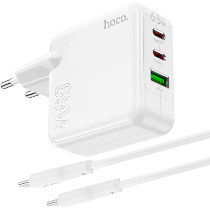 Зарядний пристрій HOCO C115A Header GaN 65W 2xUSB-C, 1xUSB-A, PD3.0, QC3.0 White w/Type-C to Type-C cable (6931474798329)