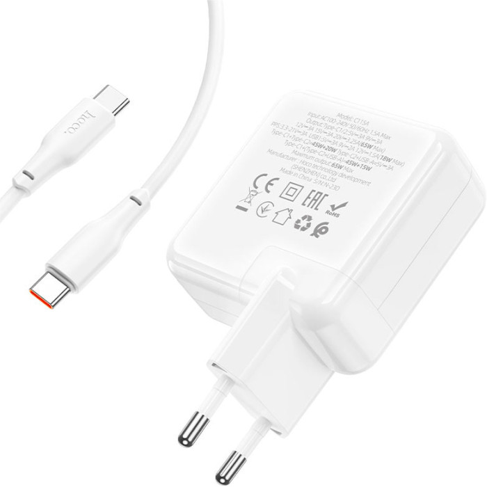 Зарядний пристрій HOCO C115A Header GaN 65W 2xUSB-C, 1xUSB-A, PD3.0, QC3.0 White w/Type-C to Type-C cable (6931474798329)