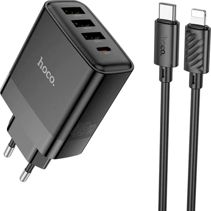 Зарядний пристрій HOCO C127A Intelligent 1xUSB-C, 3xUSB-A, PD45W, QC3.0 Black w/Type-C to Lightning cable (6942007607933)