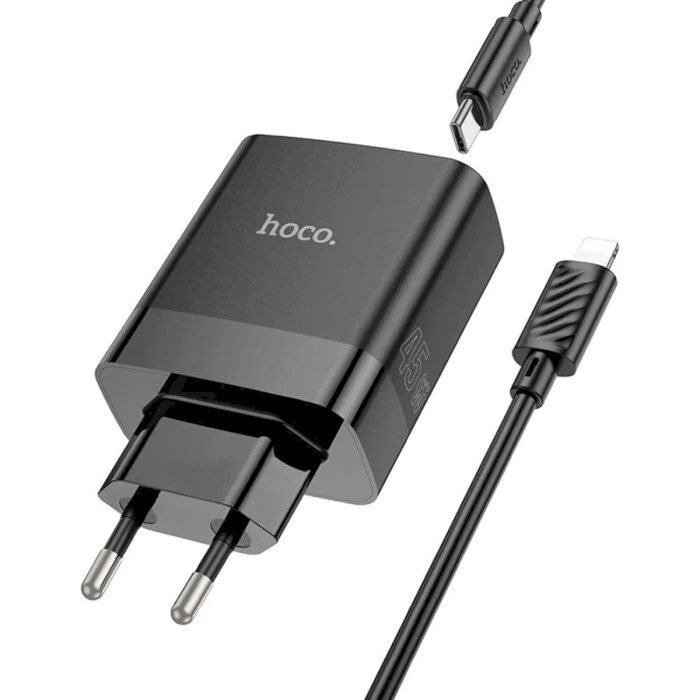 Зарядний пристрій HOCO C127A Intelligent 1xUSB-C, 3xUSB-A, PD45W, QC3.0 Black w/Type-C to Lightning cable (6942007607933)