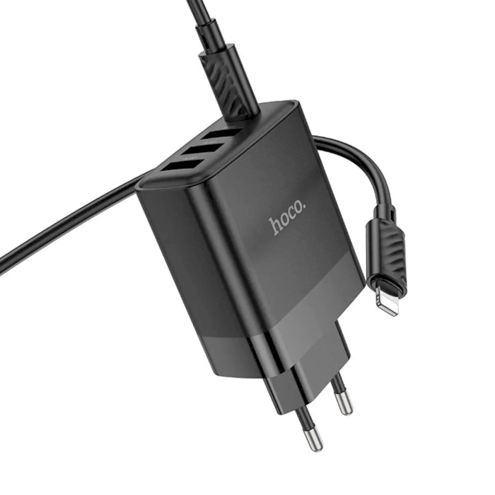 Зарядний пристрій HOCO C127A Intelligent 1xUSB-C, 3xUSB-A, PD45W, QC3.0 Black w/Type-C to Lightning cable (6942007607933)