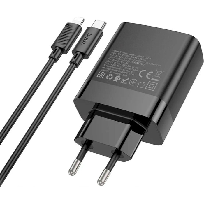 Зарядний пристрій HOCO C127A Intelligent 1xUSB-C, 3xUSB-A, PD45W, QC3.0 Black w/Type-C to Lightning cable (6942007607933)