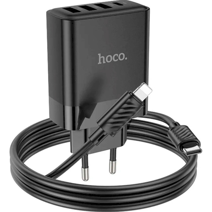 Зарядний пристрій HOCO C127A Intelligent 1xUSB-C, 3xUSB-A, PD45W, QC3.0 Black w/Type-C to Lightning cable (6942007607933)