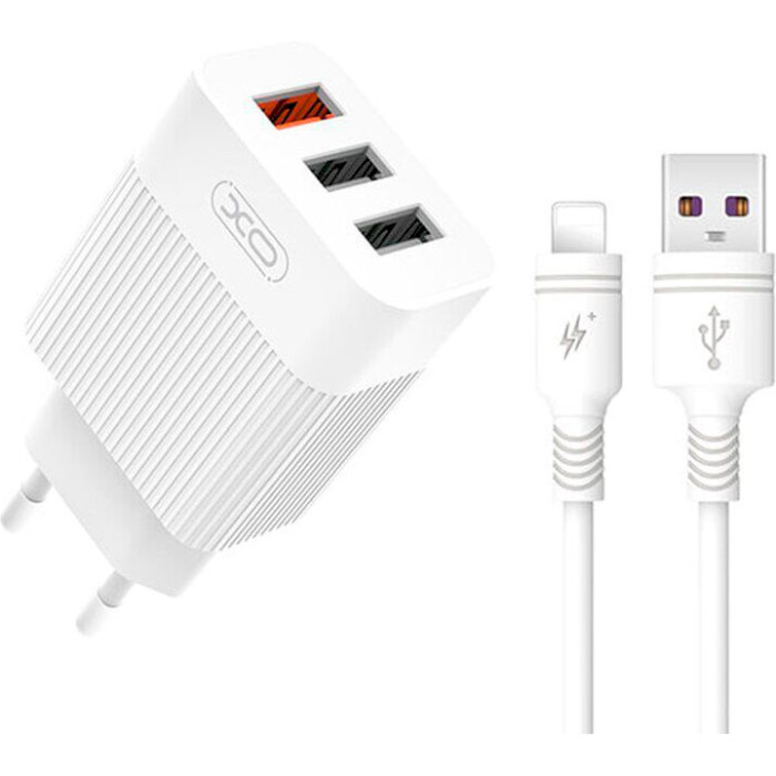 Зарядний пристрій XO L72 3xUSB-A, QC3.0, 18W White w/Lightning cable (XO-L72I-WH)