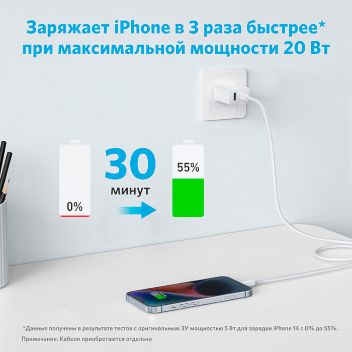 Зарядное устройство ANKER PowerPort 312 20W 1xUSB-C, 1xUSB-A, PD3.0, PIQ3.0, QC3.0 White (A2348G21)