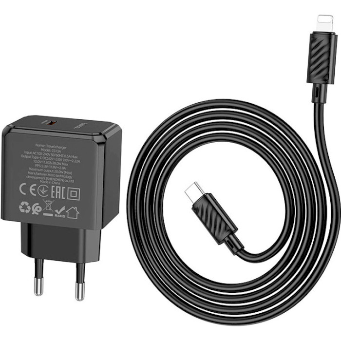 Зарядний пристрій HOCO CS13A Ocean 1xUSB-C, PD20W Black w/Type-C to Lightning cable (6942007603829)