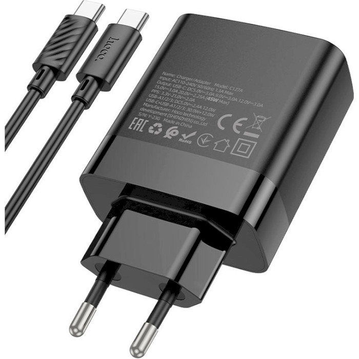 Зарядное устройство HOCO C127A Intelligent 1xUSB-C, 3xUSB-A, PD45W, QC3.0 Black w/Type-C to Type-C cable (6942007607940)