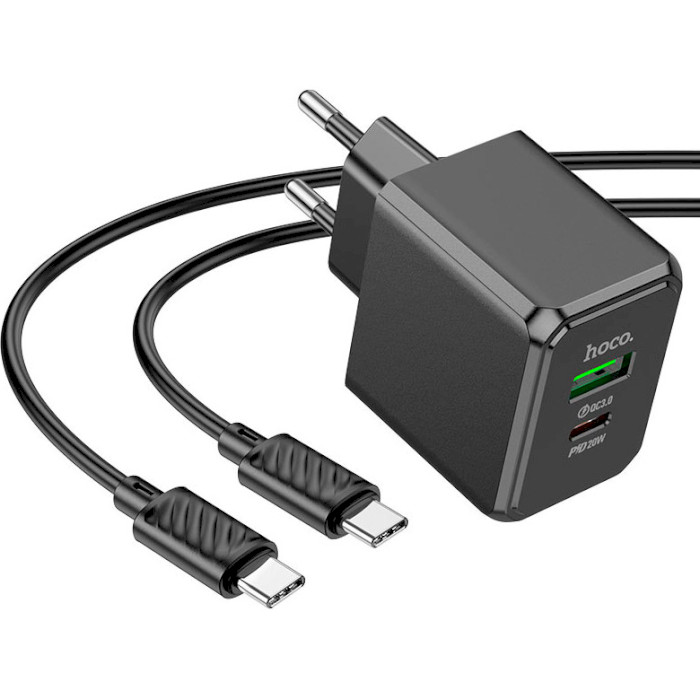 Зарядний пристрій HOCO CS14A Ocean 1xUSB-C, 1xUSB-A, PD20W, QC3.0 Black w/Type-C to Type-C cable (6942007603911)