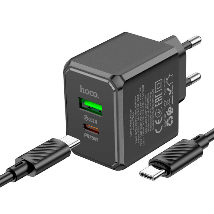 Зарядний пристрій HOCO CS14A Ocean 1xUSB-C, 1xUSB-A, PD20W, QC3.0 Black w/Type-C to Type-C cable (6942007603911)