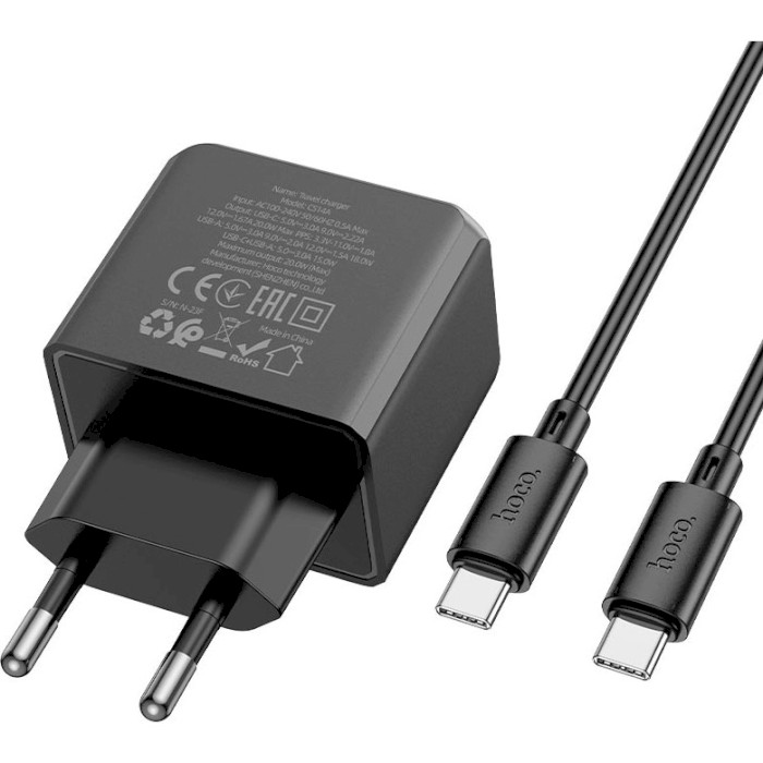 Зарядний пристрій HOCO CS14A Ocean 1xUSB-C, 1xUSB-A, PD20W, QC3.0 Black w/Type-C to Type-C cable (6942007603911)