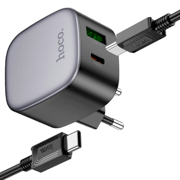 Зарядное устройство HOCO CS32A Rise 1xUSBC, 1xUSB-A. PD20W, QC3.0 Black w/Type-C to Type-C cable (6942007617475)