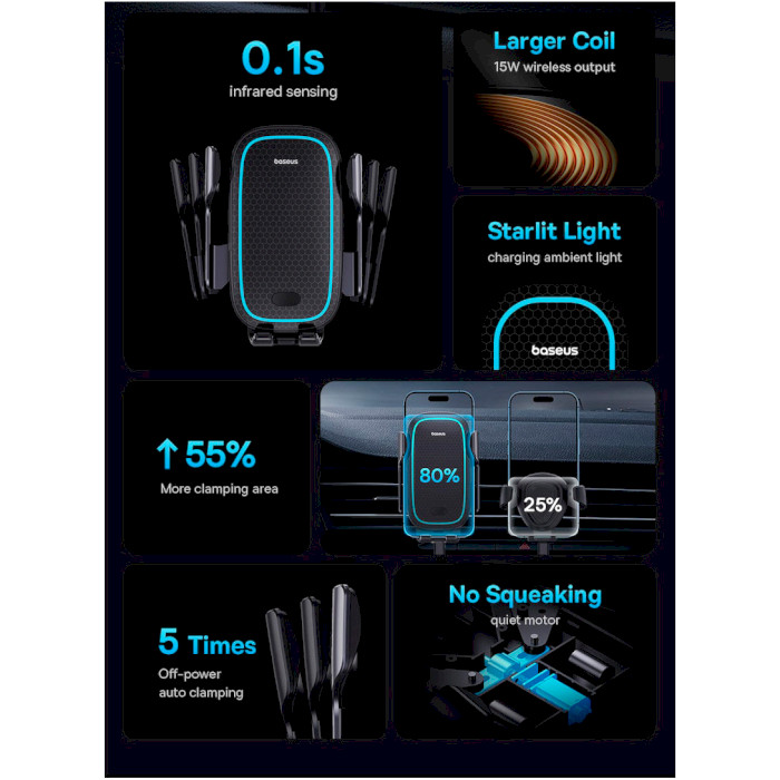 Автодержатель с беспроводной зарядкой BASEUS Milky Way Pro Series Wireless Charging 15W Black (C40357000111-00)