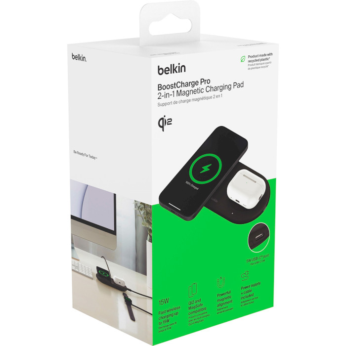 Беспроводное зарядное устройство BELKIN Boost Charge Pro 2-in-1 Magnetic Wireless Charging Pad with Qi2 15W Black (WIZ021VFBK)
