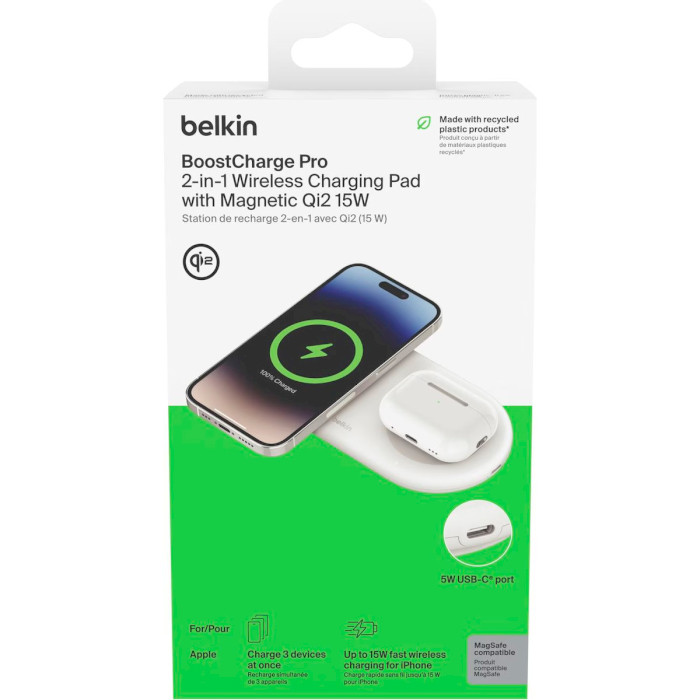 Бездротовий зарядний пристрій BELKIN Boost Charge Pro 2-in-1 Magnetic Wireless Charging Pad with Qi2 15W White (WIZ021VFWH)