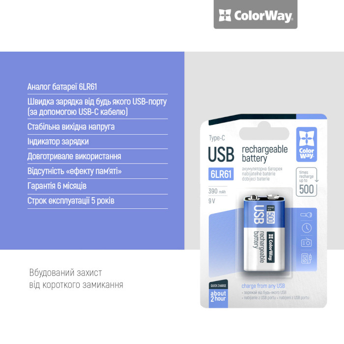 Акумулятор COLORWAY USB «Крона» 390mAh, USB-C заряджання (CW-UB9V-06)