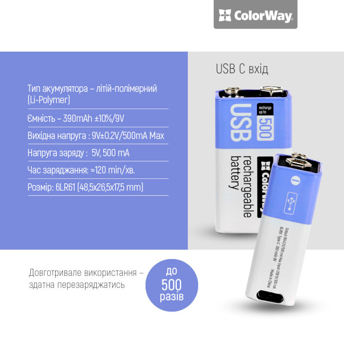 Акумулятор COLORWAY USB «Крона» 390mAh, Type-C заряджання (CW-UB9V-06)