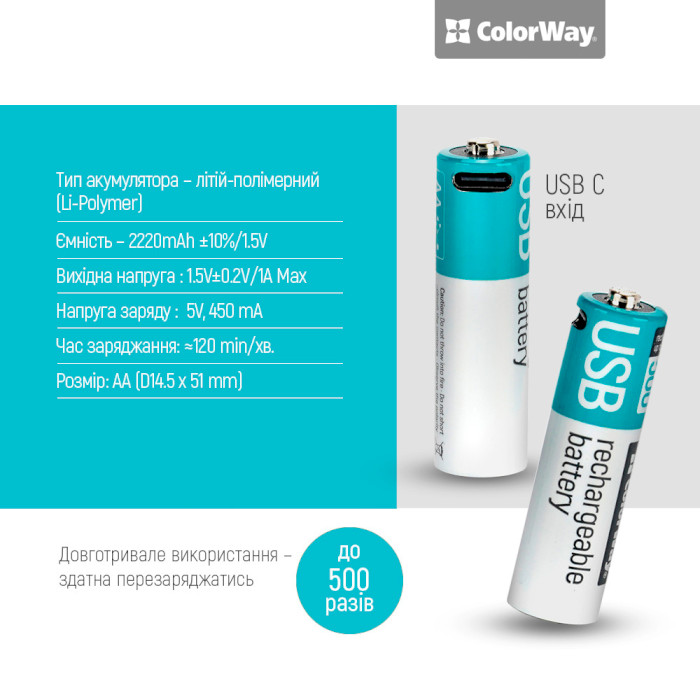 Акумулятор COLORWAY USB AA 2200mAh, Type-C заряджання 2шт/уп (CW-UBAA-10)