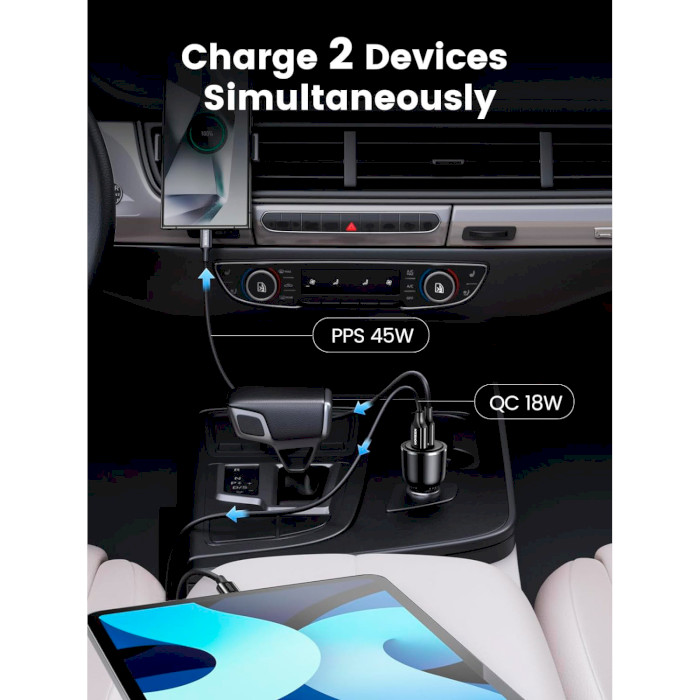 Автомобильное зарядное устройство UGREEN CD239 63W 1xUSB-A, 1xUSB-C, PD3.0, QC3.0 Car Charger Black (90645)