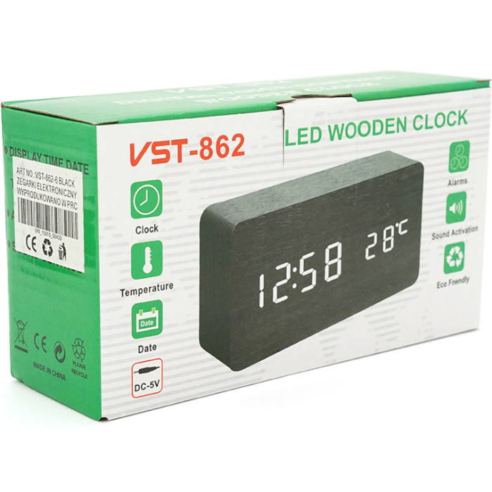 Часы настольные VST 862 Wooden Black (Green LED)