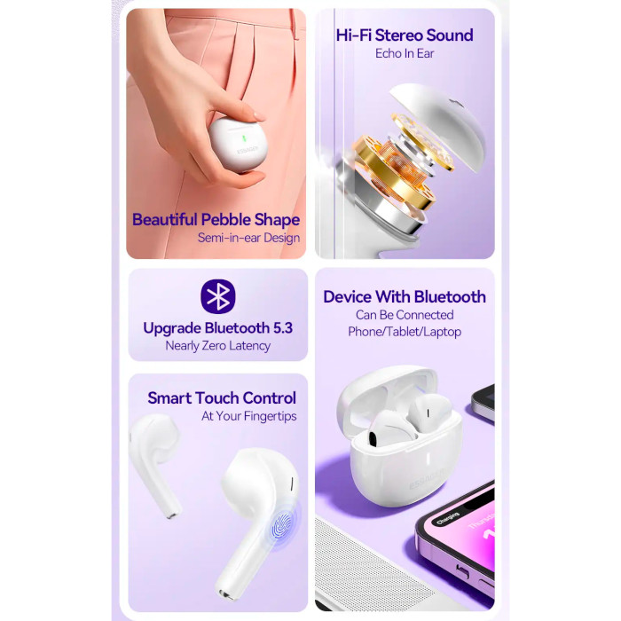 Наушники ESSAGER TWS Bluetooth Earphones White