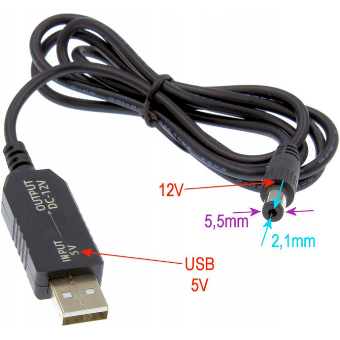 Кабель живлення USB to DC BERGER 5.5х2.1 12V Black