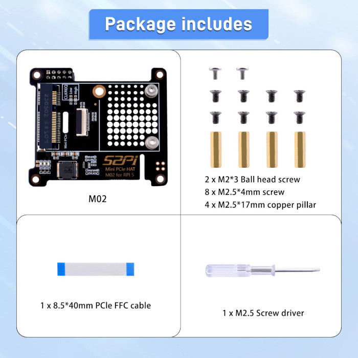 Плата розширення 52PI M02 Mini PCIe HAT Expansion Board for Raspberry Pi 5 (EP-0217)