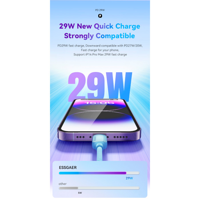 Кабель ESSAGER Breeze 29W Fast Charging Cable Type-C to Lightning 2м Blue (EXCTL-WLA03-P)