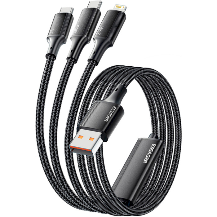 Кабель ESSAGER Simple 100W 3-in-1 Fast Charge Data Cable USB-A to Type-C + Micro-USB + Lightning 1.2м Black (EXCMTL-JJ01-P)
