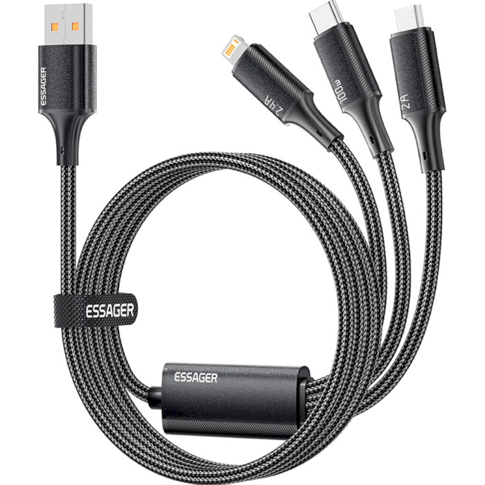 Кабель ESSAGER Simple 100W 3-in-1 Fast Charge Data Cable USB-A to Type-C + Micro-USB + Lightning 1.2м Black (EXCMTL-JJ01-P)